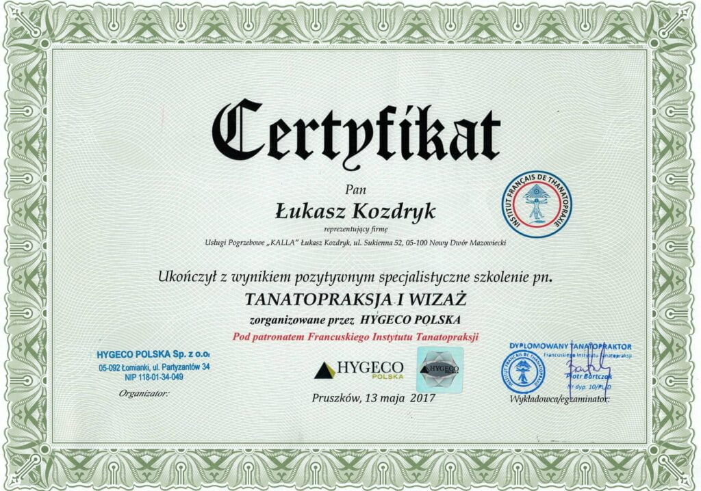 Certyfikat z balsamacji - Kalla Nowy Dwór Mazowiecki