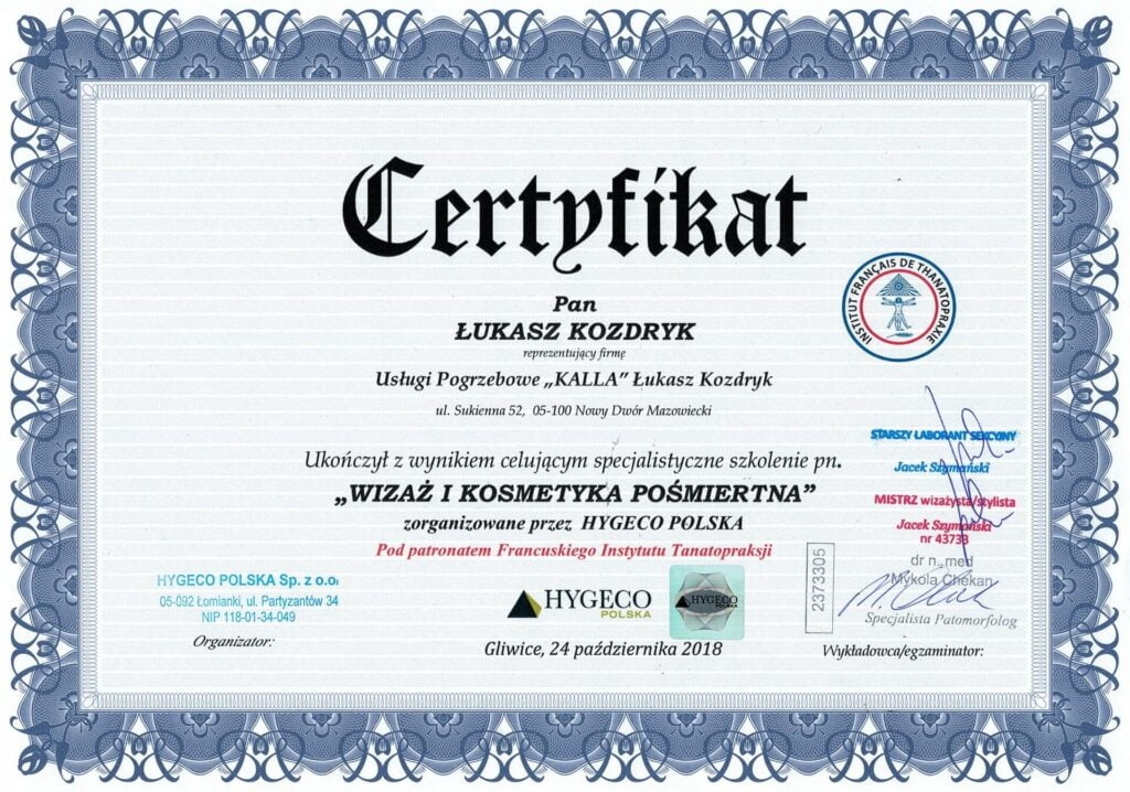 Certyfikat z kosmetyka - Kalla Nowy Dwór Mazowiecki